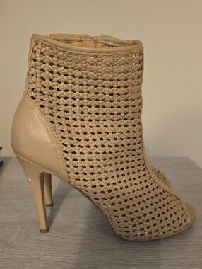 Beige Woven Peep-Toe High Heel Bootie